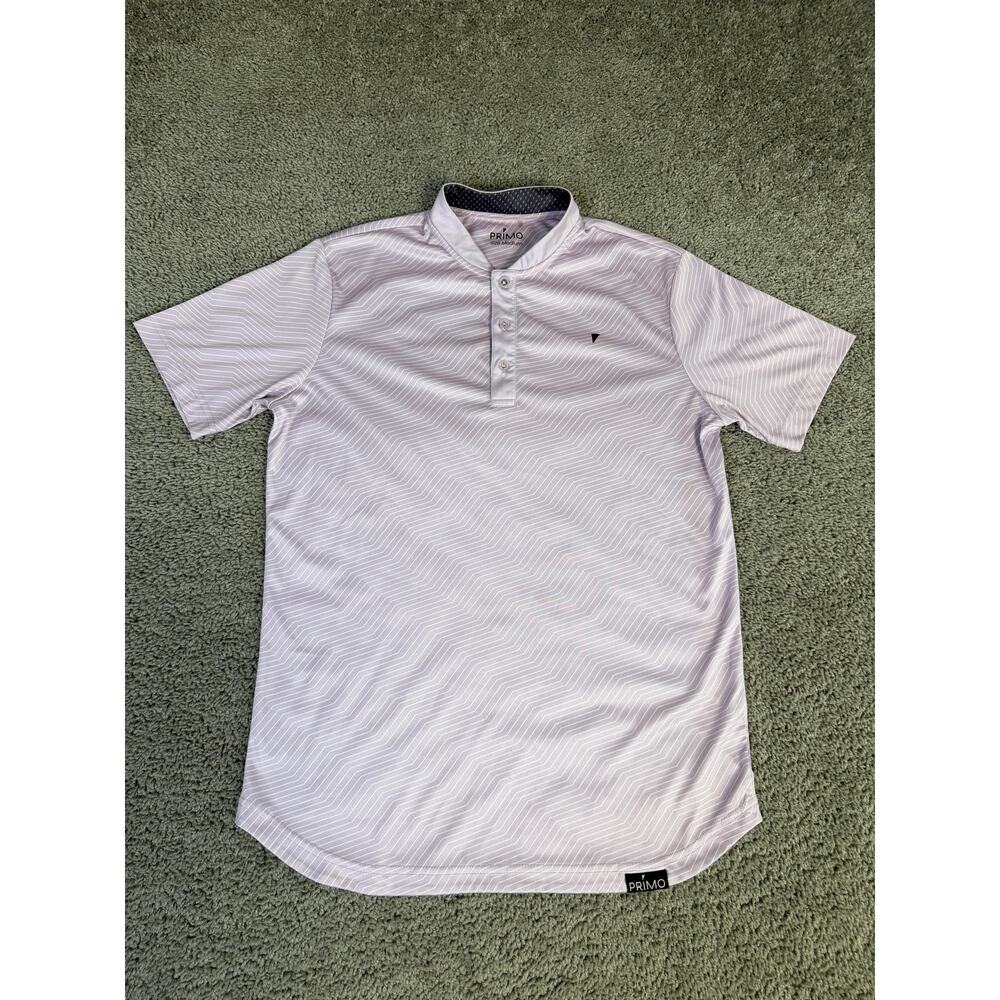 PRIMO Polo Shirt Mens M Purple 100% Polyester Chevron Band Collar Tagless